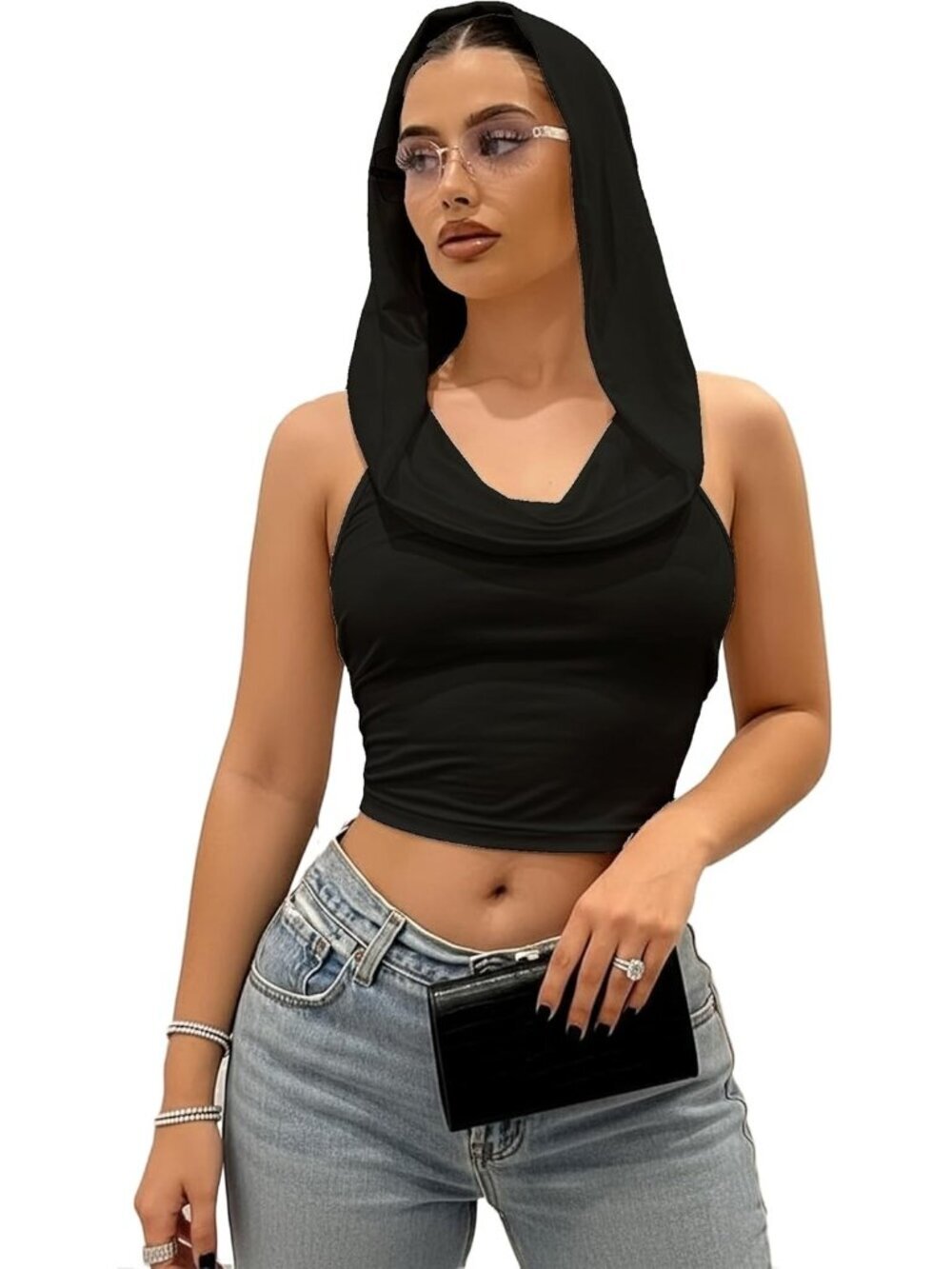 Women's Black Backless Hoodie Draped Halter Crop Top Stretchy Festival Outfit